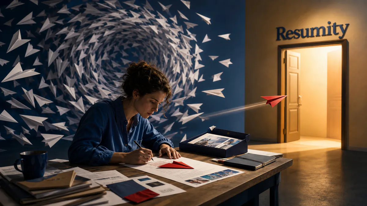 Professional crafting one tailored application while hundreds of generic paper applications circle without reaching an interview.