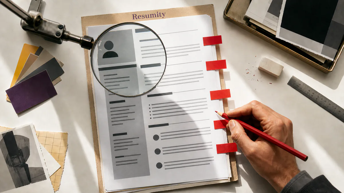 Hiring manager inspecting a resume with five red evidence tabs marking mistakes that can prevent job interviews.