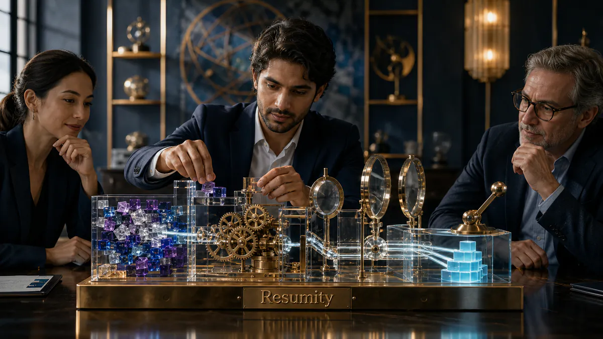 Candidate assembling a transparent AI reasoning machine from data blocks, gears, evaluation lenses and human judgment.
