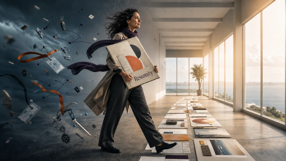 Professional carrying a resume portfolio from a storm of AI layoff disruption toward a clear evidence-based career path.