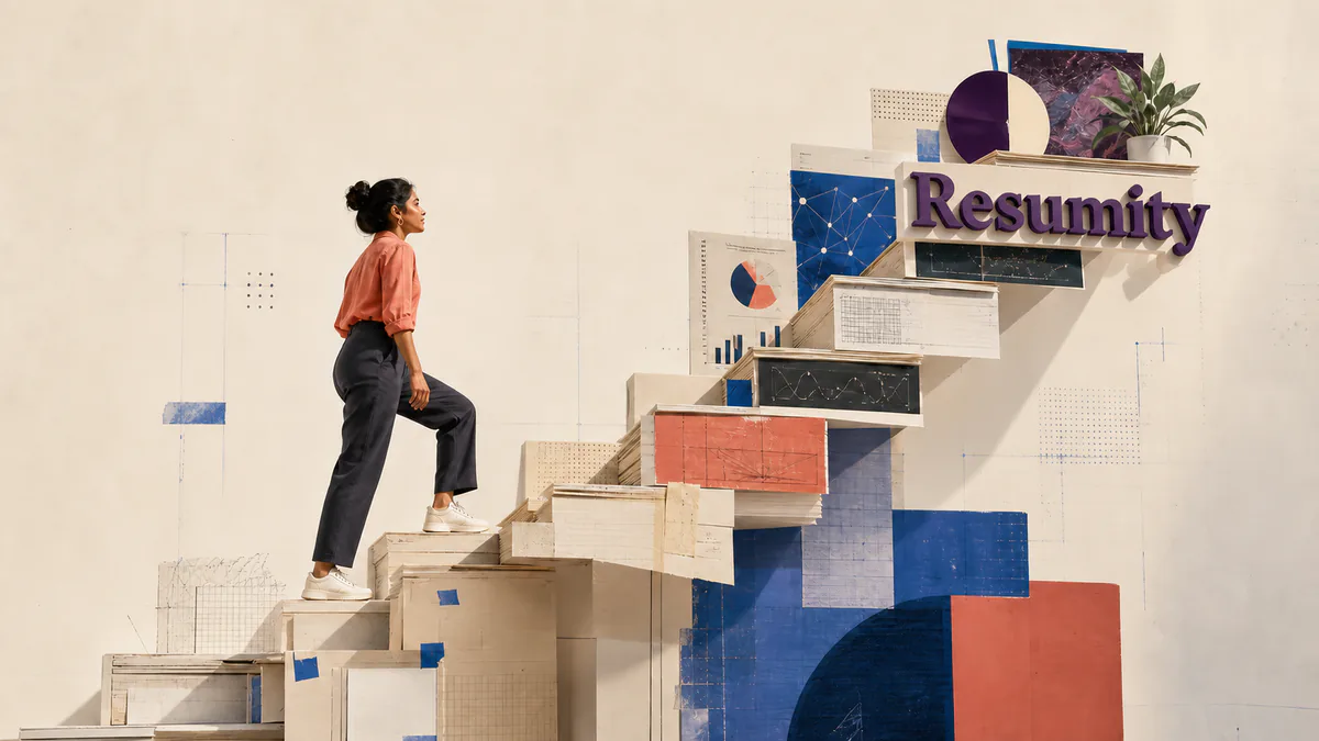 Editorial collage of a young professional climbing steps made from resumes and project evidence, illustrating rising entry-level job expectations in the AI era.
