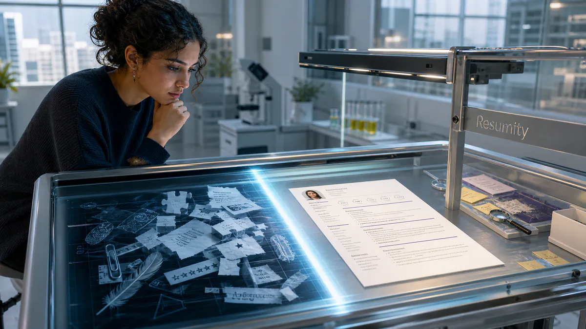 Job seeker comparing discarded ATS tricks with a clean evidence-based resume emerging from a forensic document scanner.