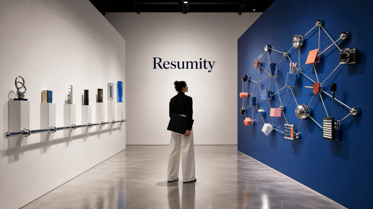 Job seeker comparing a chronological career rail with a connected skills installation in a modern gallery.