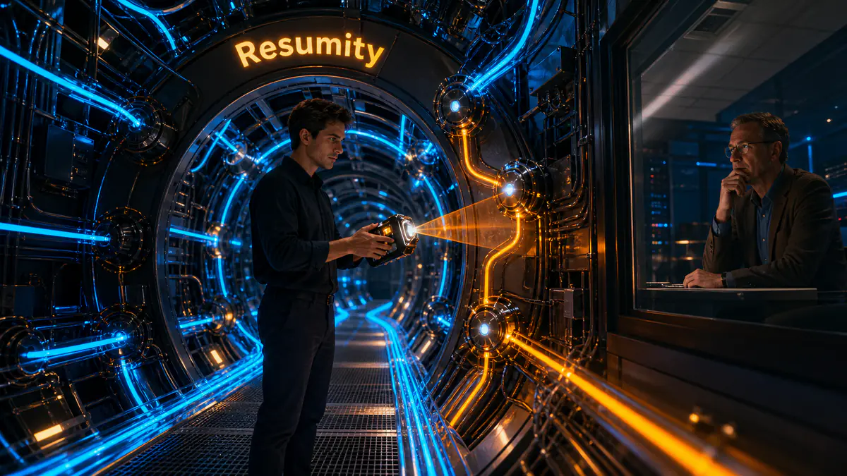 Candidate tracing and repairing a failed fiber route inside a glowing physical computer network tunnel.