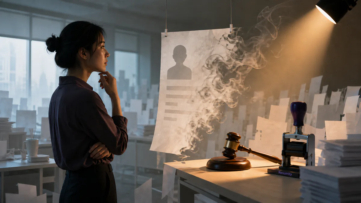 Job seeker examining a job posting that dissolves like smoke beside a judge's gavel, representing legal scrutiny of ghost jobs.