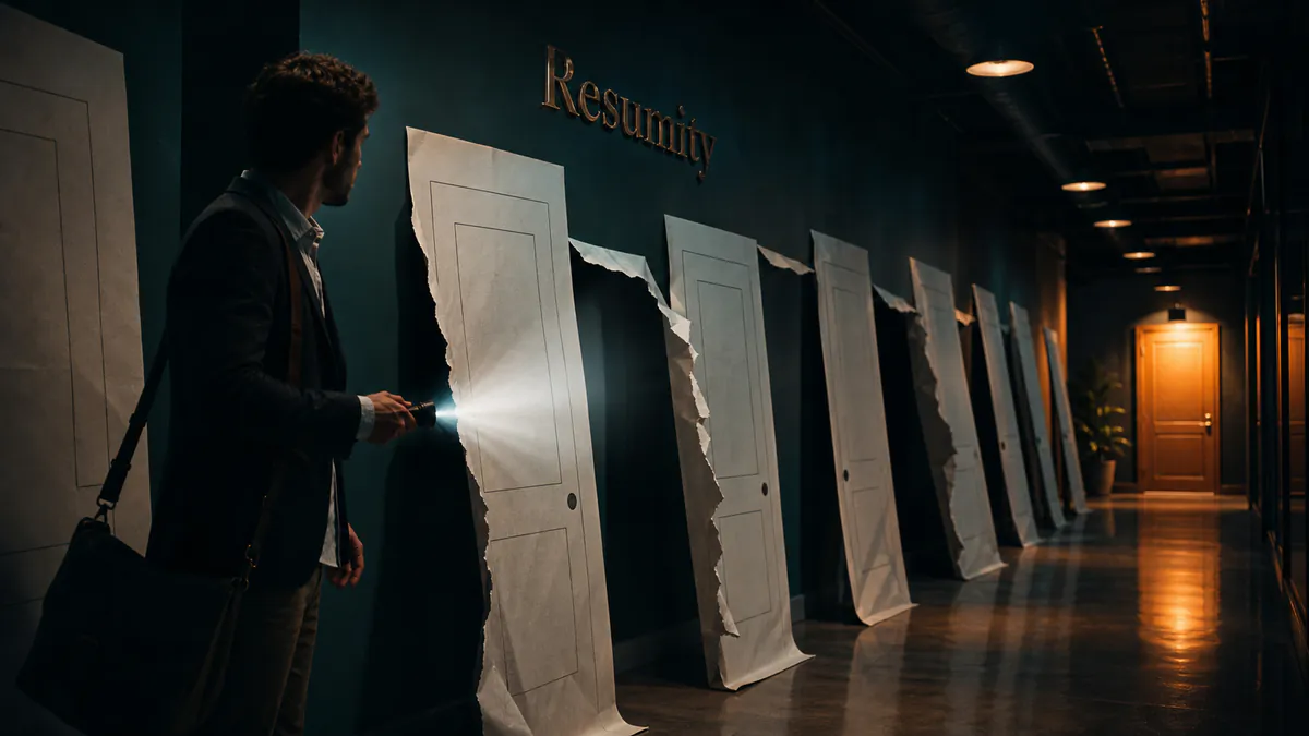 Job seeker using a flashlight to reveal paper job-door facades while one genuine opportunity glows ahead.