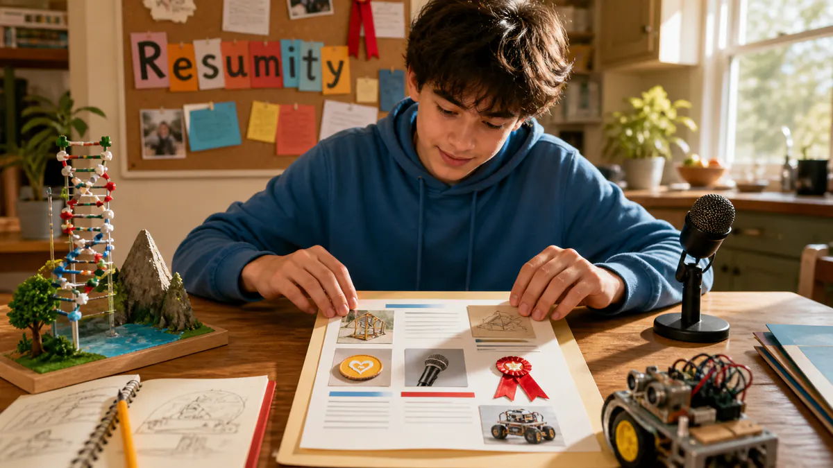 High school student building a first resume from science, volunteering, speaking, sports and coding projects.