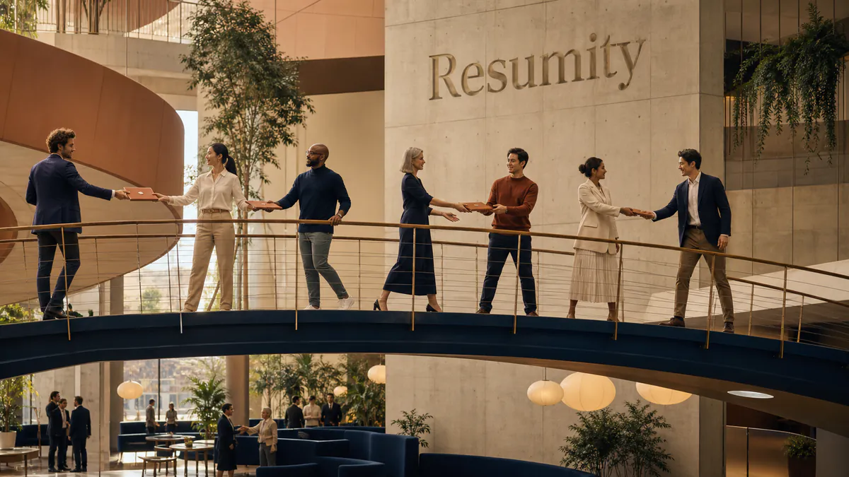 Professionals passing a portfolio across a workplace bridge to represent trusted relationships and job referrals.