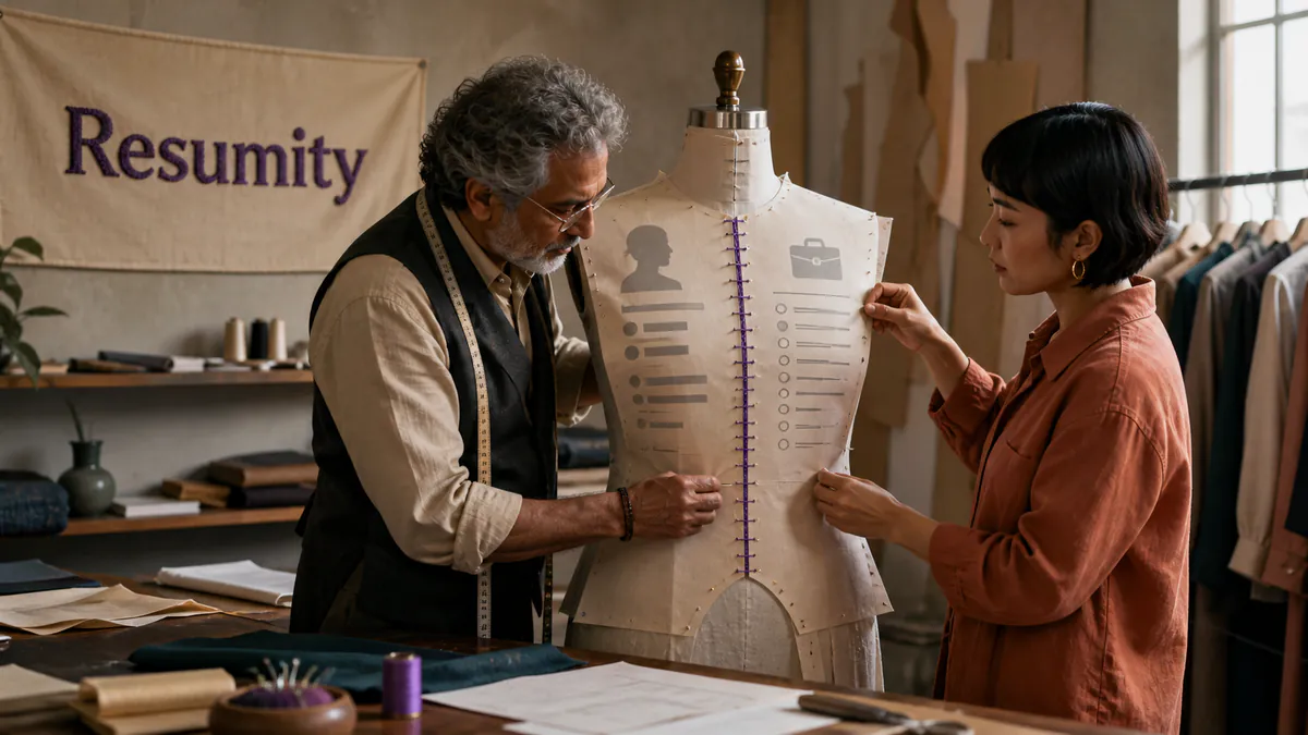 Tailor aligning job-description and resume sections on a dress form to show precise role matching.