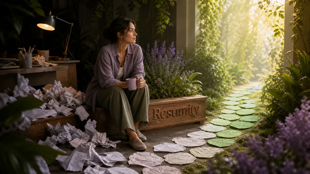 Professional resting as crumpled applications transform into green stepping stones toward a calmer job search.