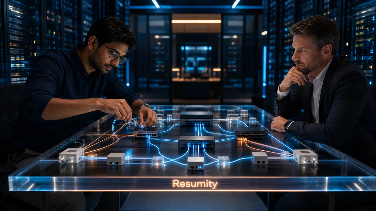Candidate troubleshooting a physical network of glowing fiber routes while an interviewer observes the process.