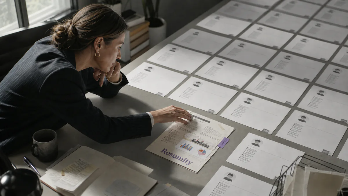 Recruiter reviewing rows of identical AI-generated resumes and selecting one evidence-rich application with project results.