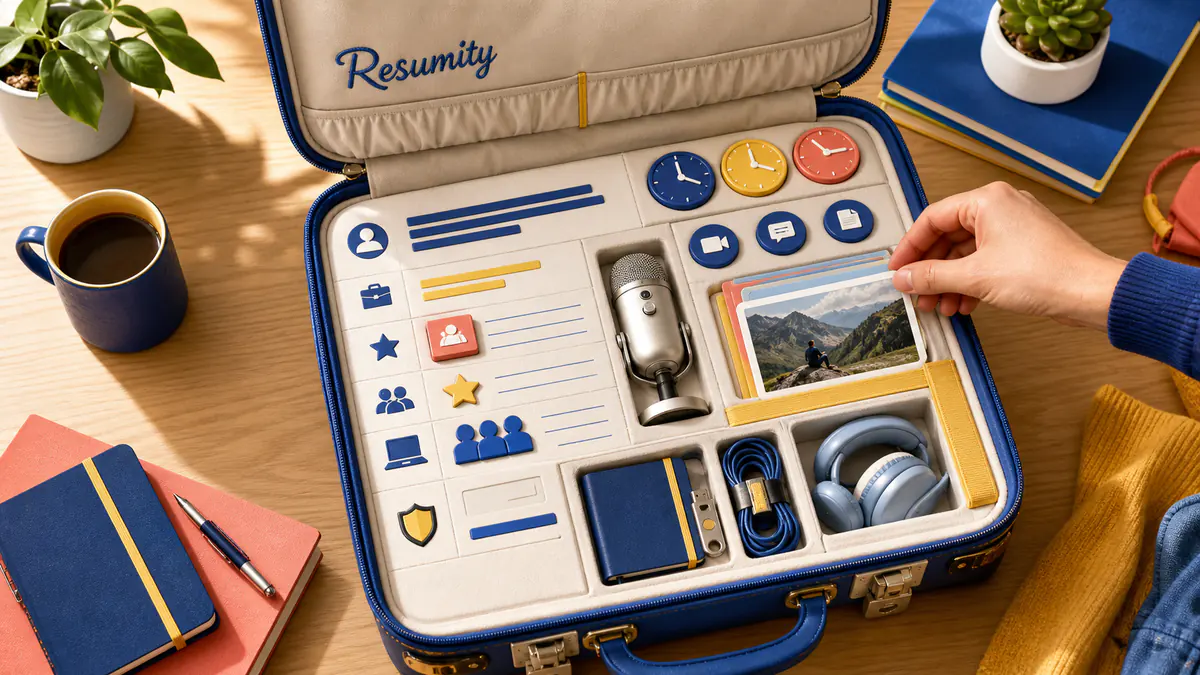 Open resume-shaped travel case organized with remote-work tools, project evidence and time-zone clocks.
