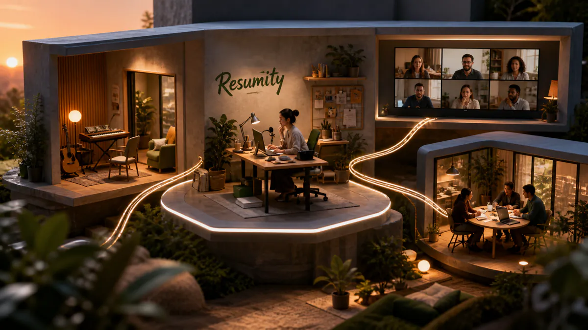 Remote professional working from a connected miniature world of home, coworking and global team spaces.