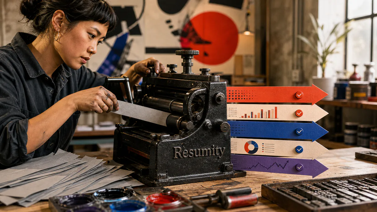 Professional using a letterpress to transform a vague resume bullet into concise, evidence-led achievement statements.