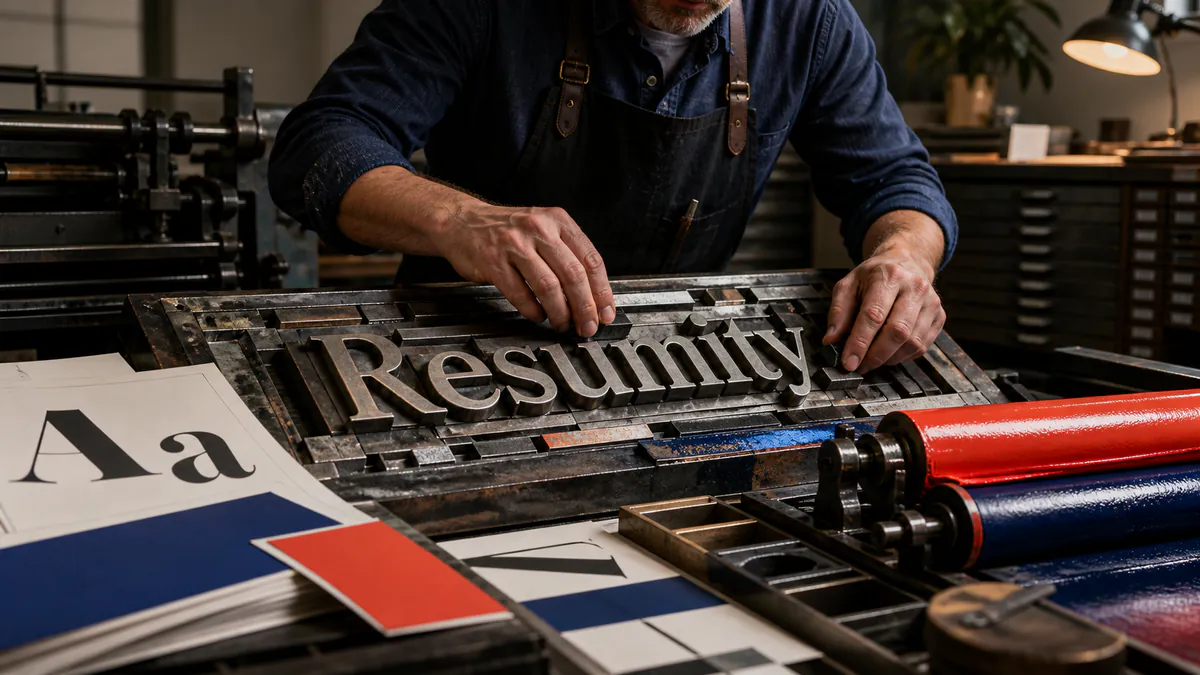 Typographer arranging metal letterforms and spacing blocks on a professional letterpress.
