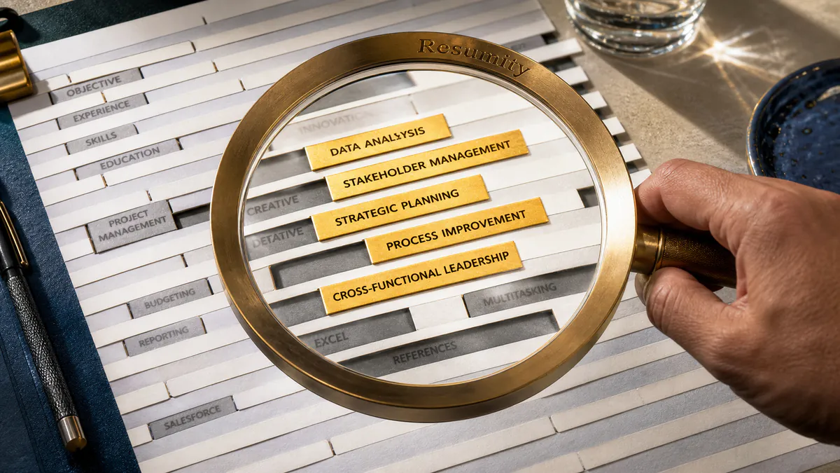 Brass magnifying glass revealing relevant skills and keywords across a carefully tailored resume.