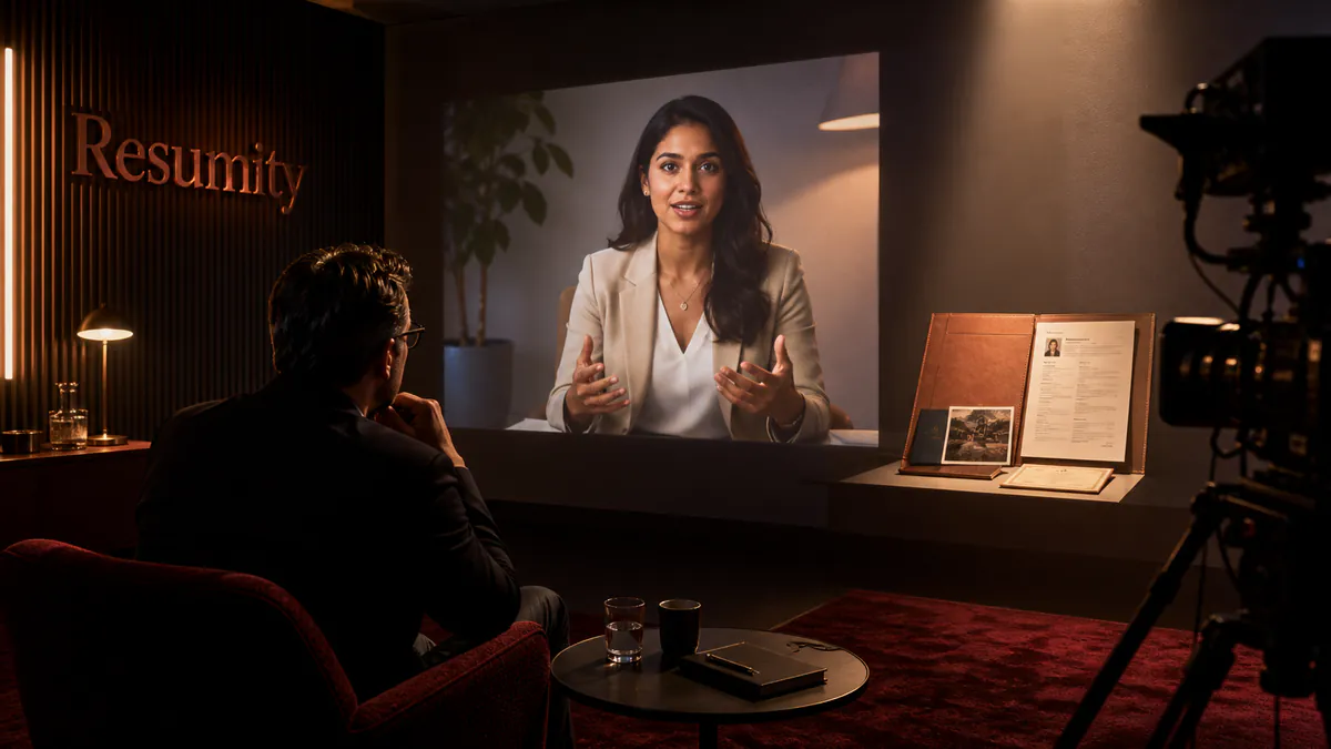 Hiring manager evaluating a candidate video beside an illuminated paper resume and evidence portfolio.