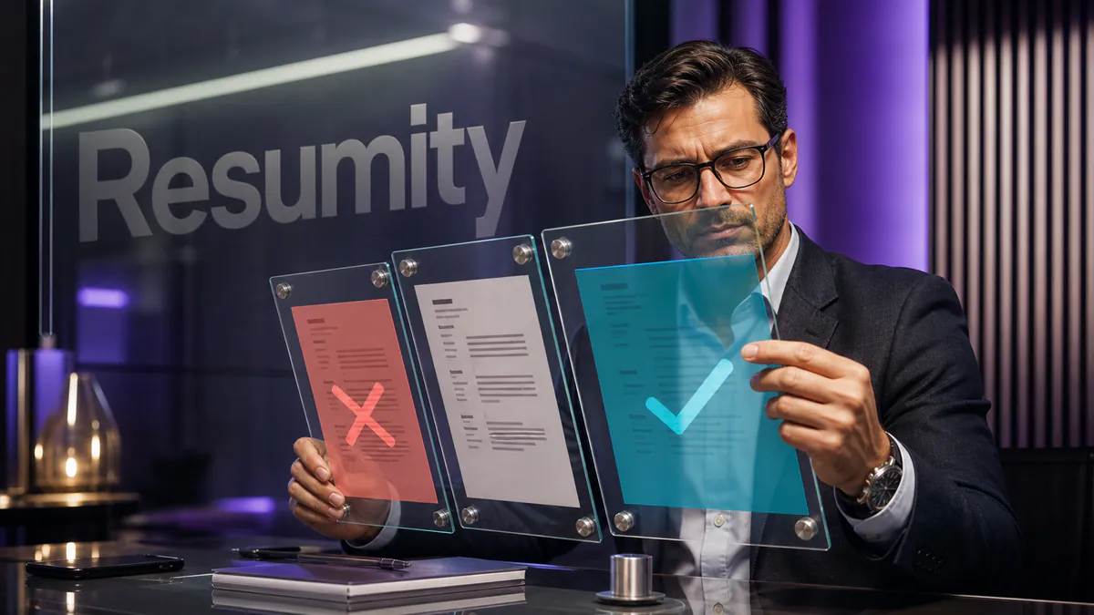 Professional accepting and rejecting proposed resume changes shown on separate transparent layers over original evidence.