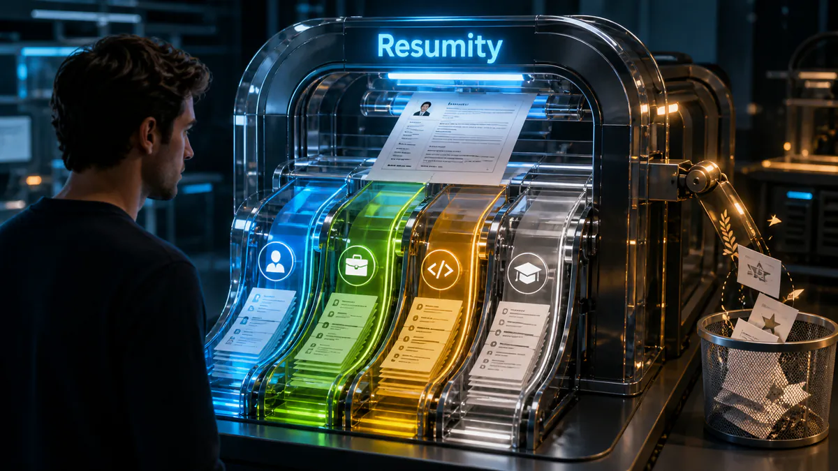 Candidate watching a resume pass through transparent ATS channels for contact details, experience, skills and education.