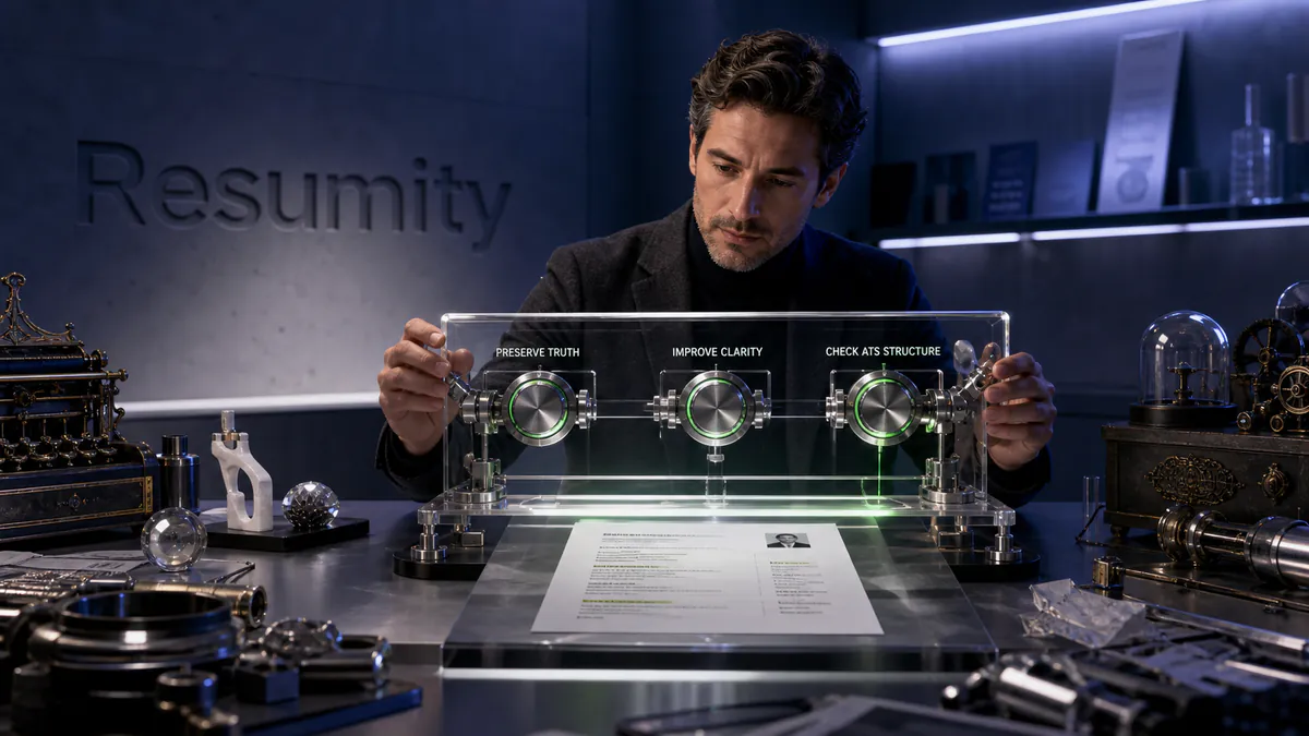 Professional testing a transparent resume instrument with controls for truth, clarity, ATS structure and human authorship.