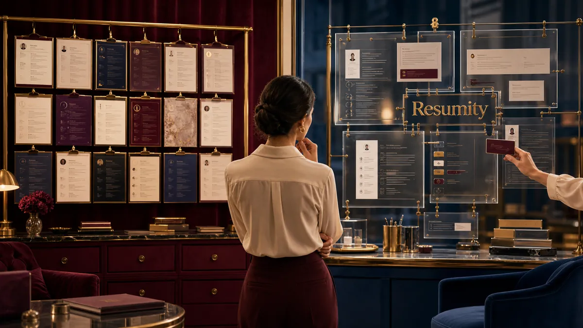 Candidate comparing a polished resume style gallery with a transparent atelier for granular content approval.
