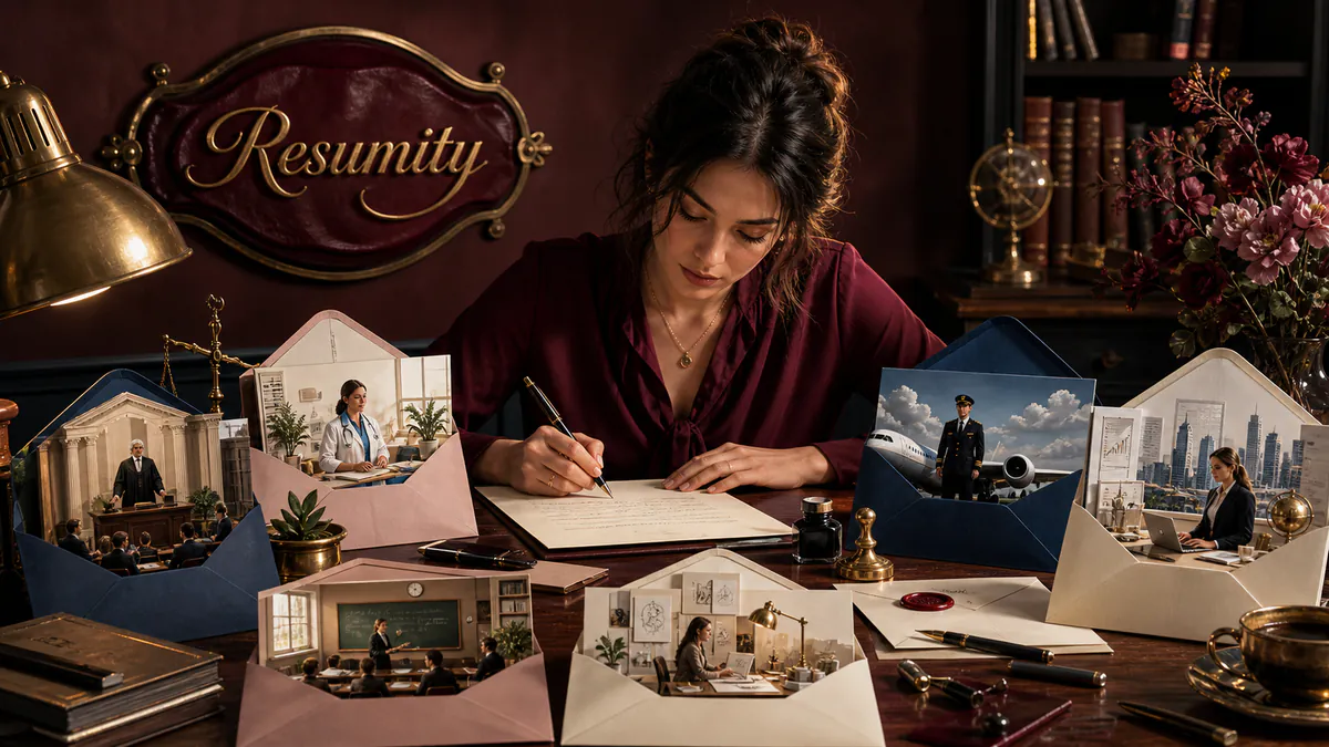 Writer studying letters that open into miniature career scenes before composing an original cover letter.