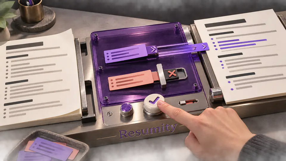 A hand presses an approval control on a Resumity review bench while one purple resume edit moves forward and a coral edit remains rejected.