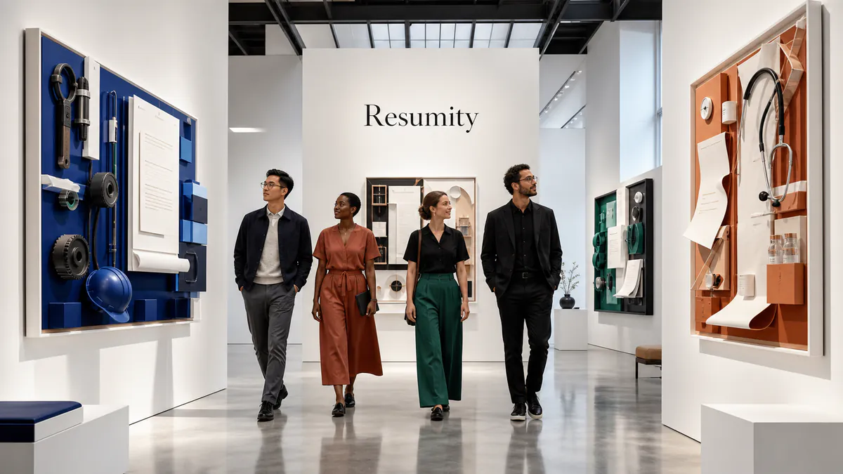 Professionals from different careers walking through a gallery of distinct, evidence-based resume structures.