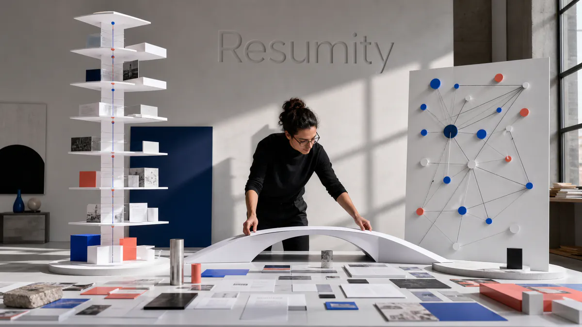 Information designer comparing a timeline tower, skills constellation and hybrid bridge built from career evidence.