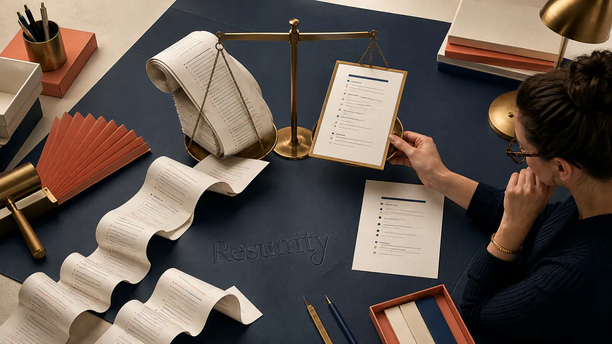 Editor weighing one-page and two-page resume structures against the amount and relevance of career evidence.