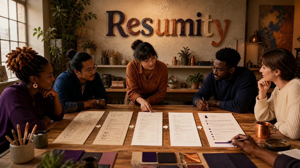 People building Resumity around a table where rough resume ideas become transparent, human-approved edits.