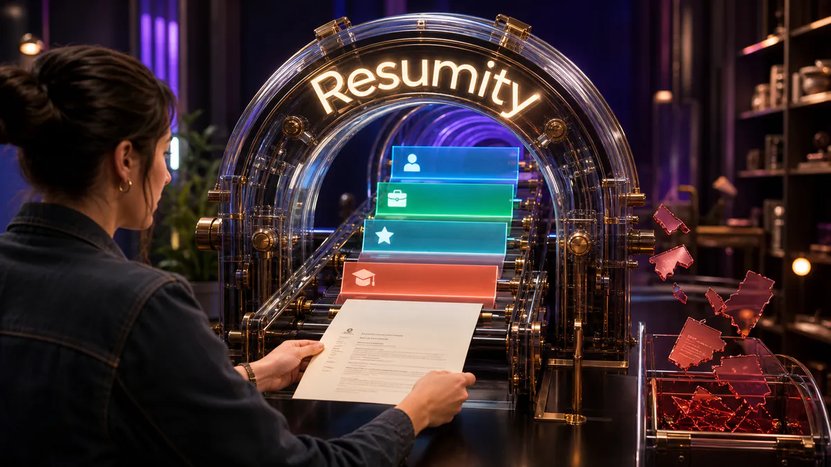Job seeker scanning a resume as core sections emerge in order and formatting problems are set aside.