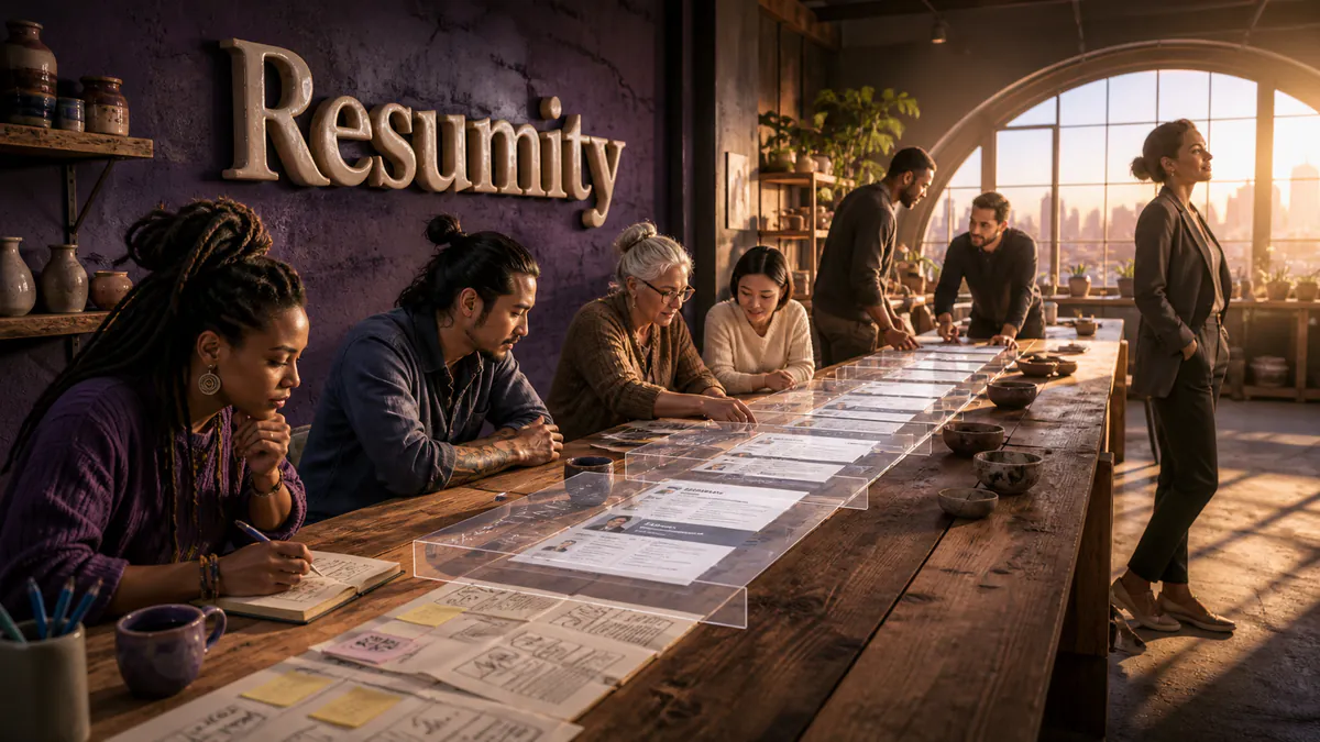 Builders and job seekers collaborating along a table where rough career notes become traceable edits and a polished resume.