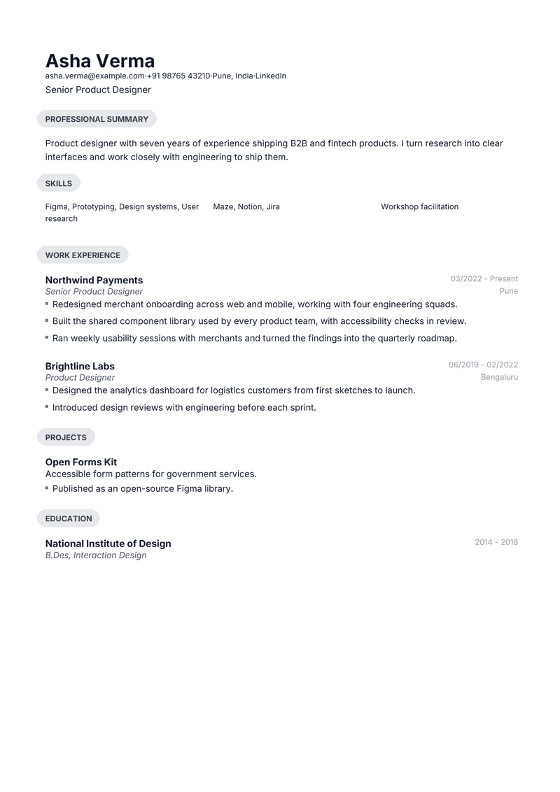 Page 1 of the Daniel sample resume: Section headings in rounded grey pills; a softer look.