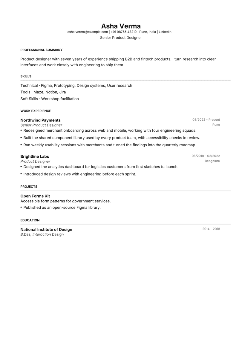 Page 1 of the FAANGPath sample resume: Minimal centred layout with skills above work experience.