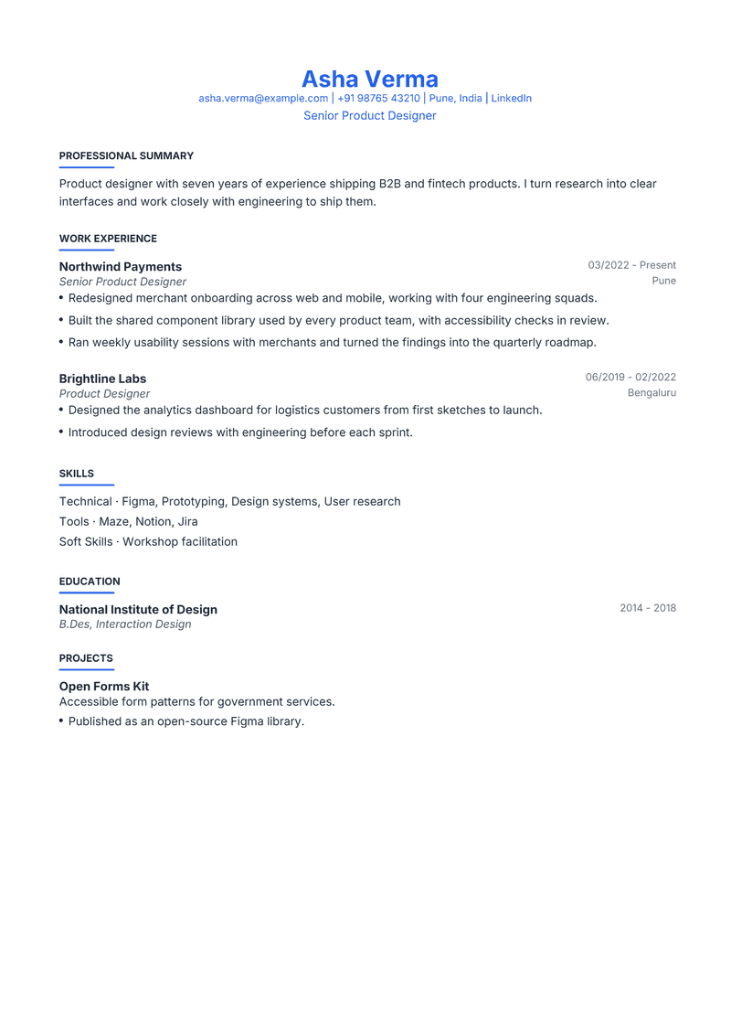 Page 1 of the Leslie sample resume: Centred blue header, short blue underlines, experience before skills.
