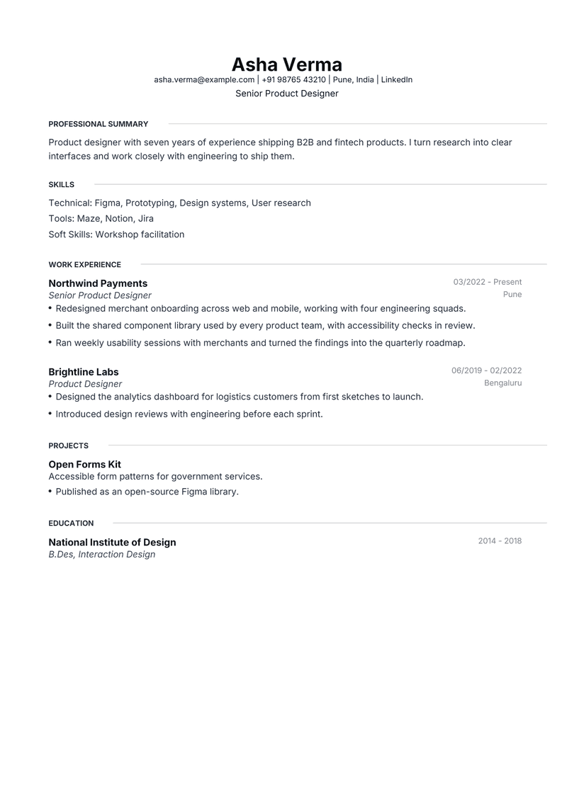 Page 1 of the Meridian sample resume: Centred header, grey rules, no colour. The editor starts with this one.