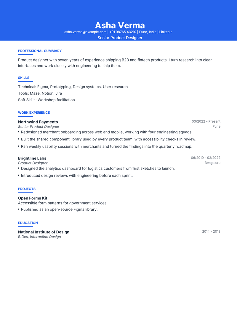 Page 1 of the Olivia sample resume: A solid blue header band with white text; the boldest of the seven.