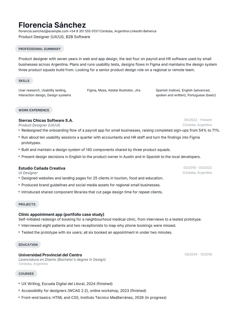 Argentina resume template sample in Daniel, page 1: fictional Product Designer (UX/UI), B2B Software