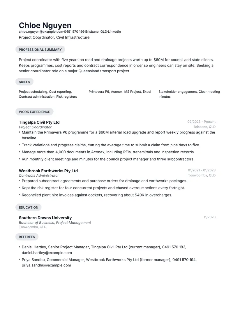 Australia resume template sample in Daniel, page 1: fictional Project Coordinator, Civil Infrastructure
