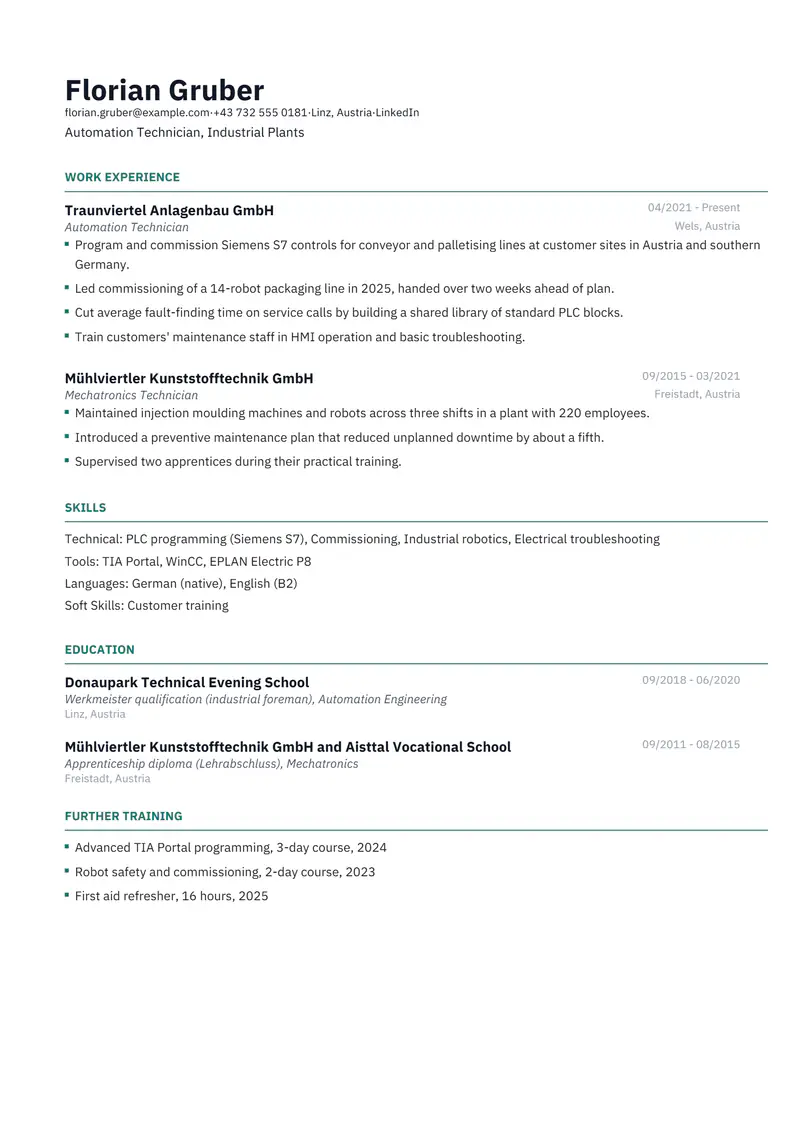 Austria resume template sample in Catalyst, page 1: fictional Automation Technician, Industrial Plants