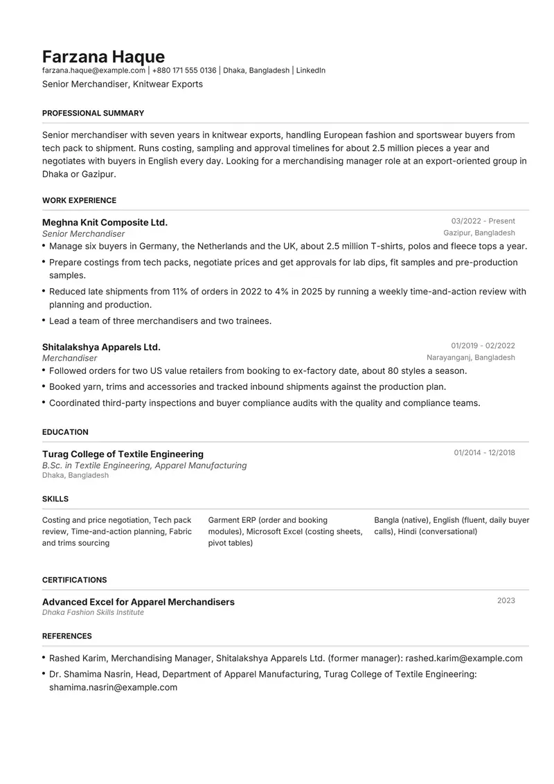 Bangladesh resume template sample in Henrietta, page 1: fictional Senior Merchandiser, Knitwear Exports