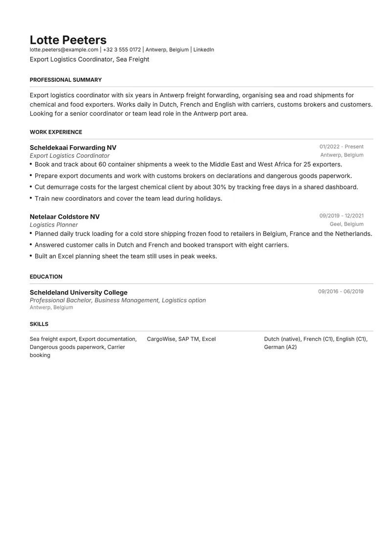 Belgium resume template sample in Henrietta, page 1: fictional Export Logistics Coordinator, Sea Freight