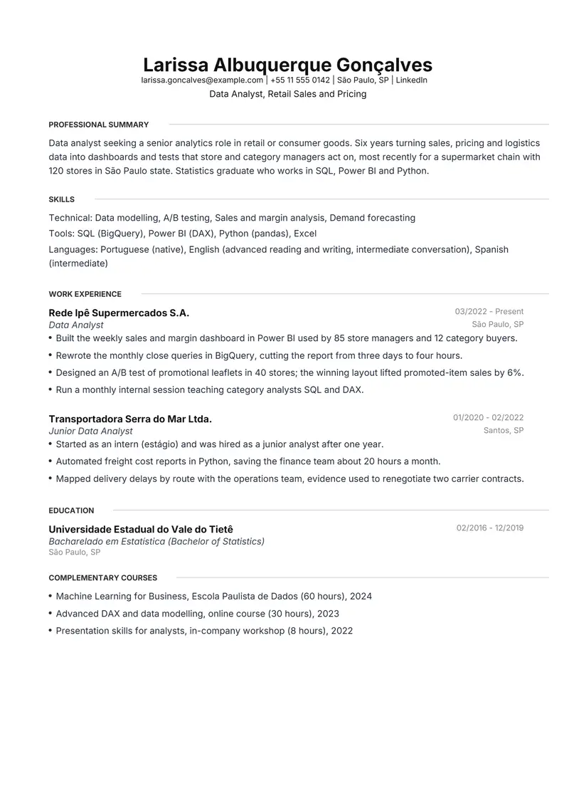 Brazil resume template sample in Meridian, page 1: fictional Data Analyst, Retail Sales and Pricing