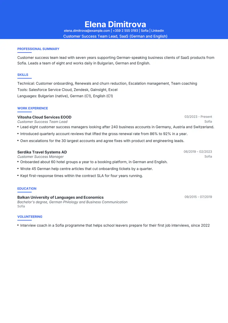 Bulgaria resume template sample in Olivia, page 1: fictional Customer Success Team Lead, SaaS (German and English)