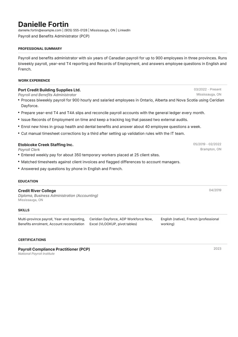 Canada resume template sample in Henrietta, page 1: fictional Payroll and Benefits Administrator (PCP)