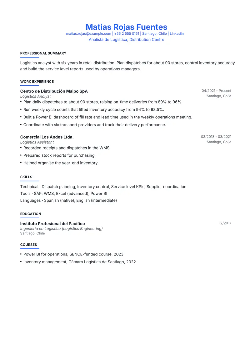 Chile resume template sample in Leslie, page 1: fictional Analista de Logística, Distribution Centre
