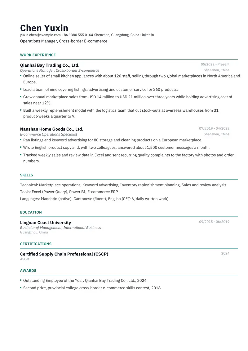 China resume template sample in Catalyst, page 1: fictional Operations Manager, Cross-border E-commerce