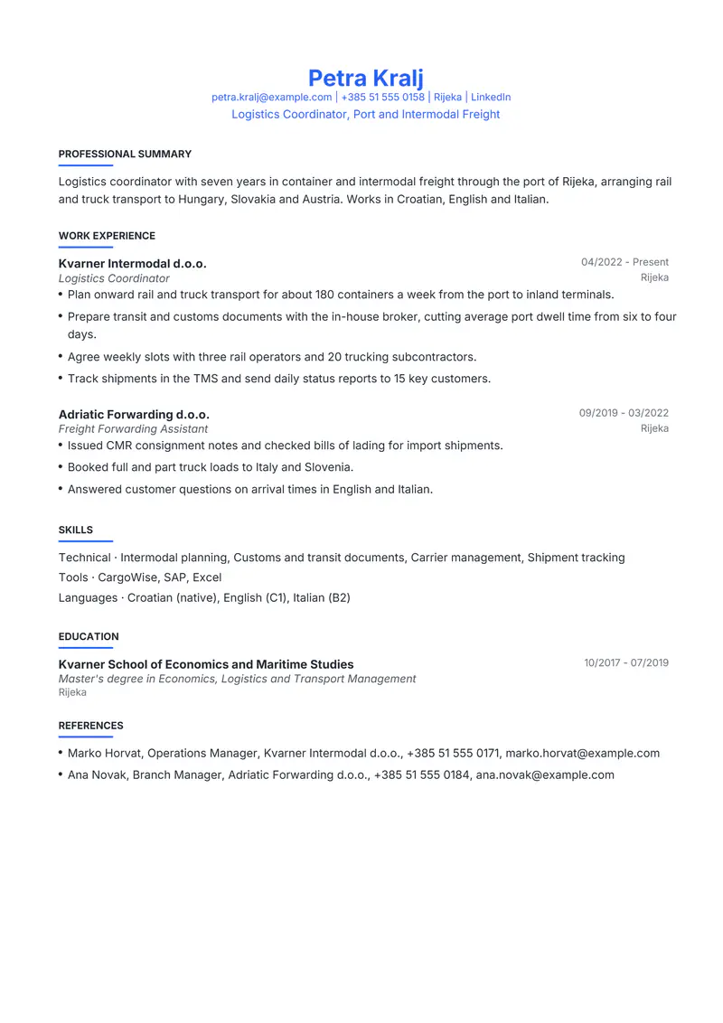 Croatia resume template sample in Leslie, page 1: fictional Logistics Coordinator, Port and Intermodal Freight